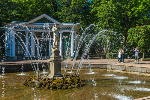 Turists from fountains in Peterhof photo