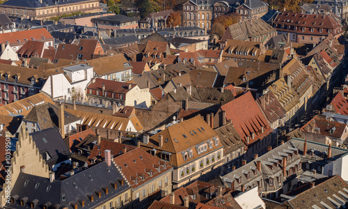 Various tiled roofs of historical buildings in Strasbourg city center