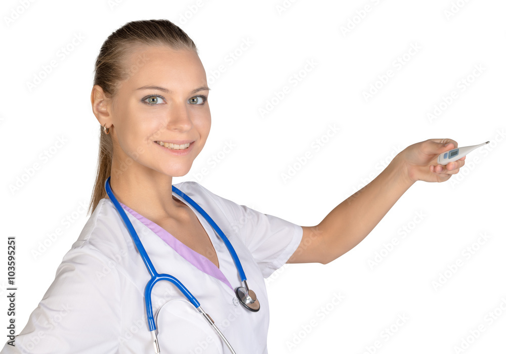 Medical female doctor shows in hand digital thermometer Medical female doctor shows in hand digital thermometer