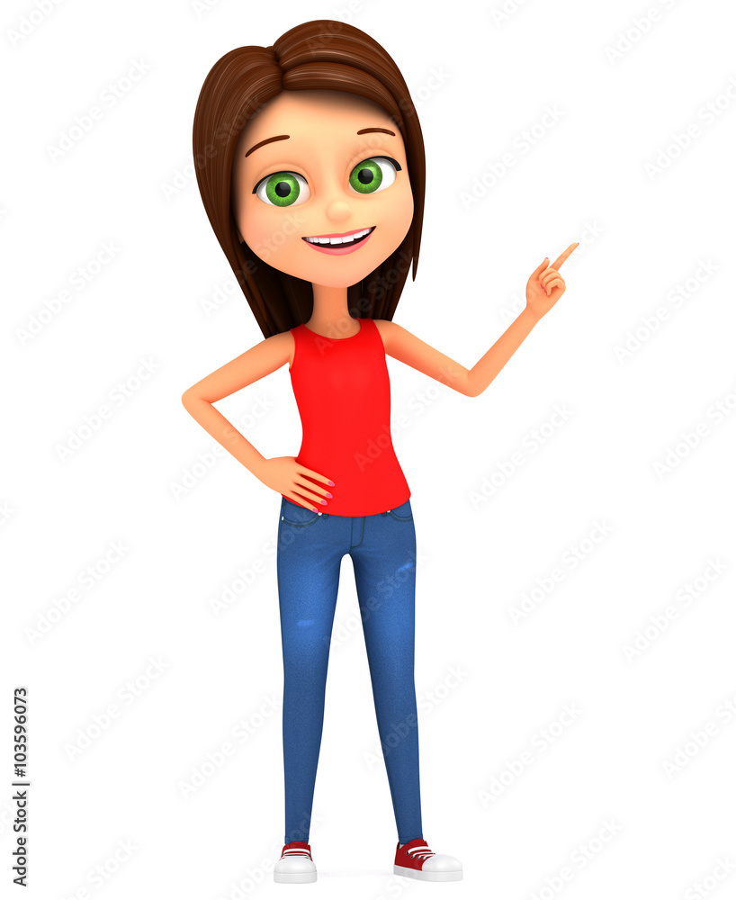 Girl isolated on white background finger points to an empty spac Girl isolated on white background finger points to an empty spac