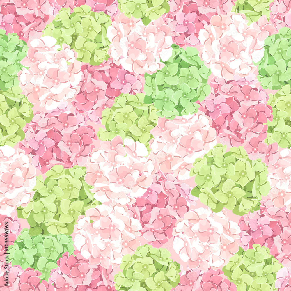 Vector seamless pattern with pink and green hydrangea flowers. Vector seamless pattern with pink and green hydrangea flowers.