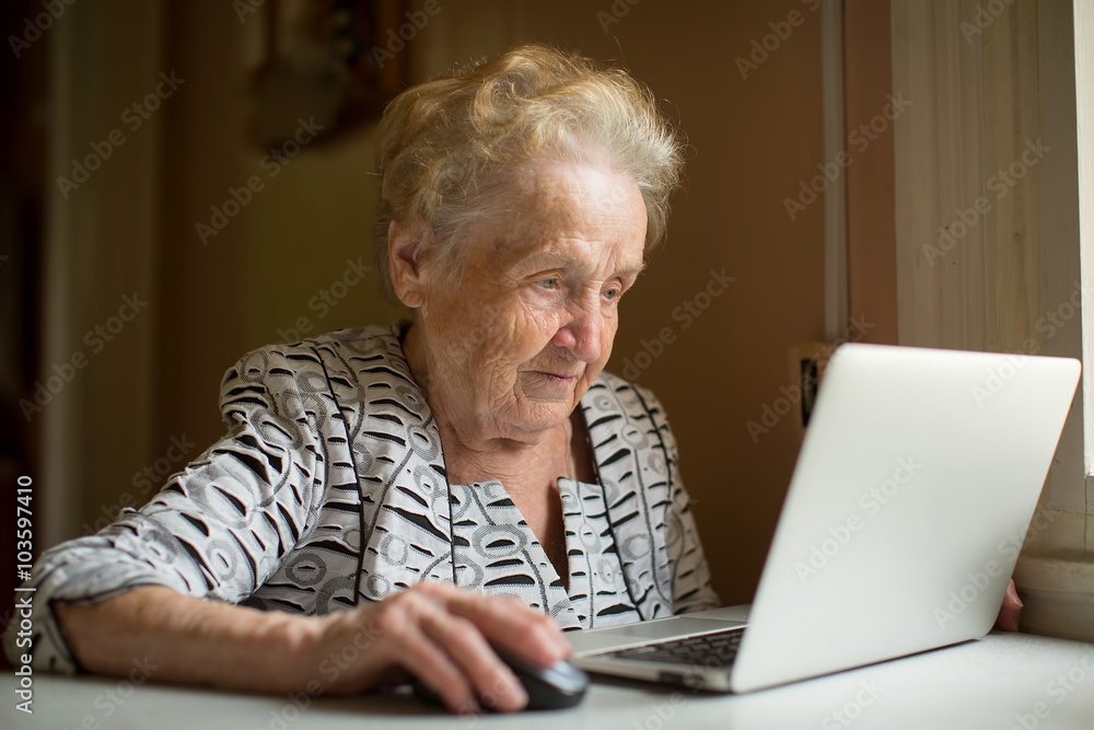 Elderly woman working on laptop sitting near the window. Elderly woman working on laptop sitting near the window.