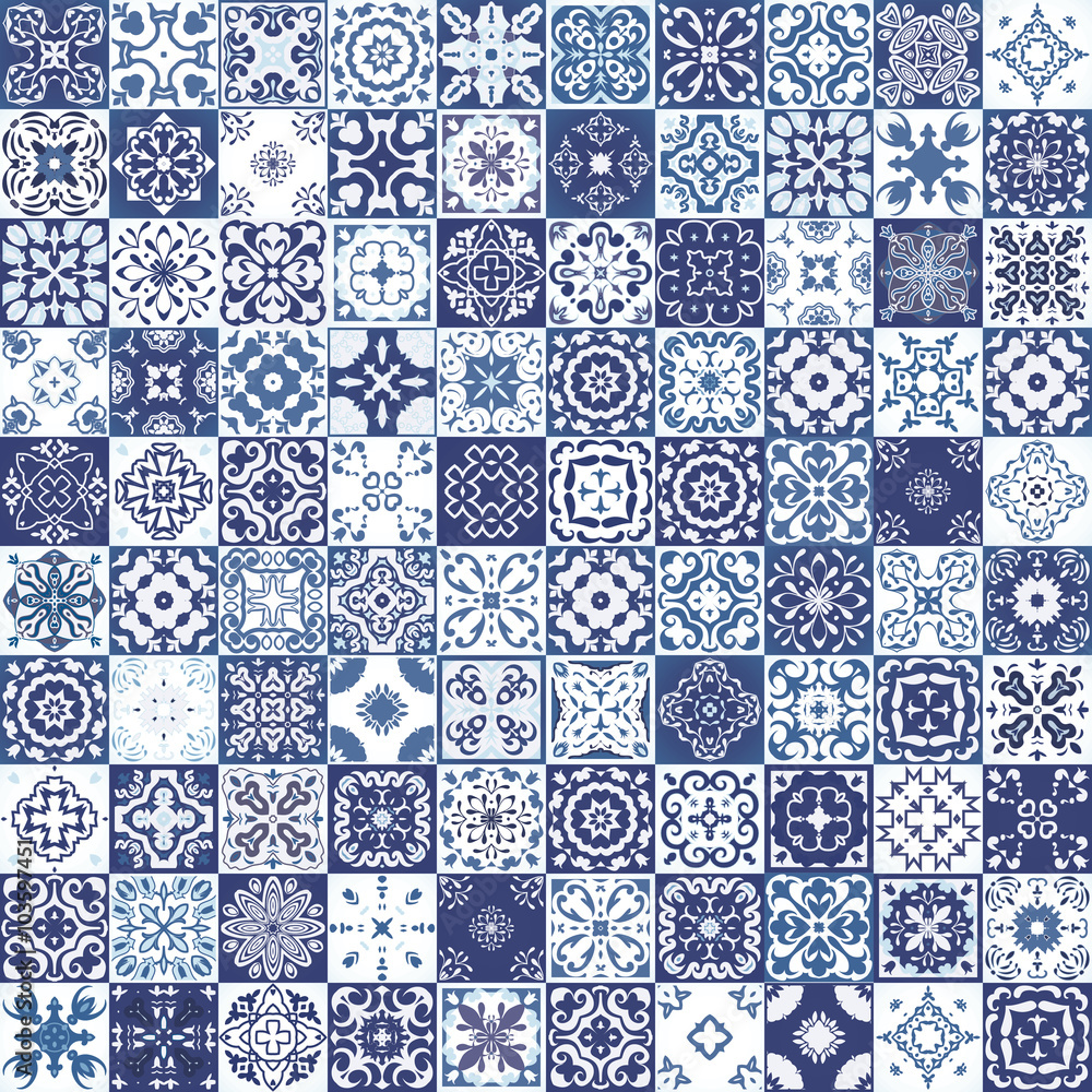Gorgeous floral patchwork design. Moroccan or Mediterranean square tiles, tribal ornaments. For wallpaper print, pattern fills, web page background, surface textures. Indigo blue white teal aqua - obrazy, fototapety, plakaty 