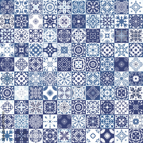 Gorgeous floral patchwork design. Moroccan or Mediterranean square tiles, tribal ornaments. For wallpaper print, pattern fills, web page background, surface textures. Indigo blue white teal aqua