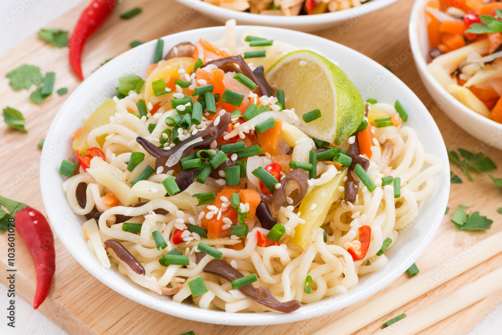 noodles with vegetables, close-up, top view noodles with vegetables, close-up, top view