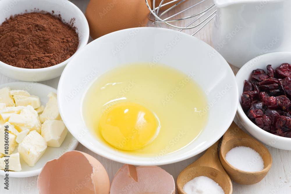 prepared baking ingredients, top view prepared baking ingredients, top view