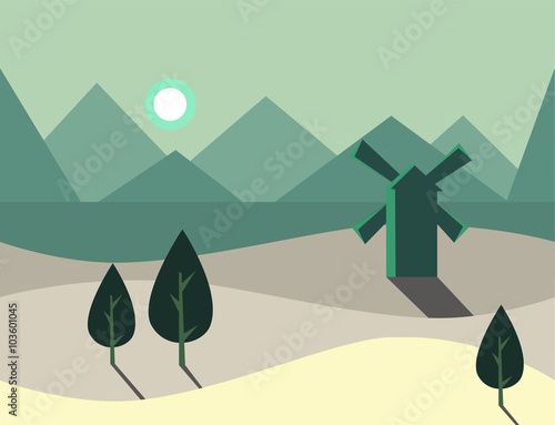 Seamless Cartoon Nature Landscape with Windmill, Vector Illustration