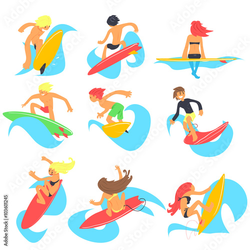 Surfing People. Vector Illustration Set