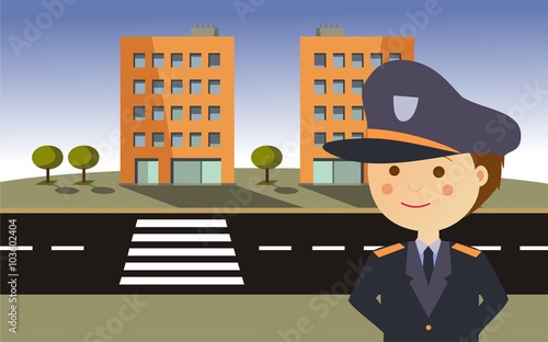 Primer plano de una mujer policía en una calle con edificios al fondo