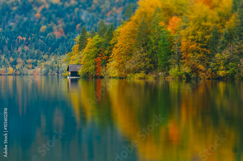 Breathtaking scenery of mountains, forests and lake with colorful reflections. Bohinj lake, Slovenia, Europe. Triglav national park.