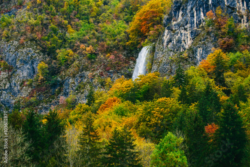 Amazing view of Slovenian forests with waterfall near Bled  Slovenia.