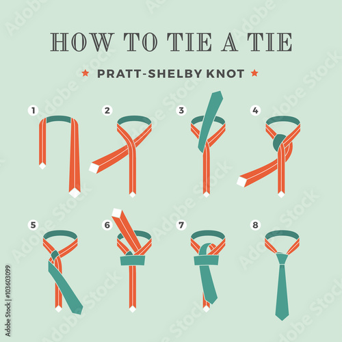 Instructions on how to tie a tie on the turquoise background of the eight steps. Knot Pratt-Shelby. Vector Illustration.