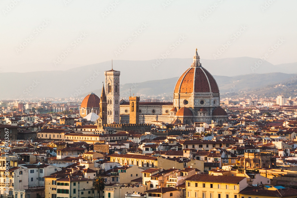 Duomo Santa Maria Del Fiore and Bargello in the evening from Piazzale Michelangelo in Florence, Tuscany, Italy