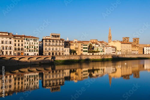 View on the old Florence houses from the Ponte Vecchio over Arno river in Florence, Tuscany, Italy