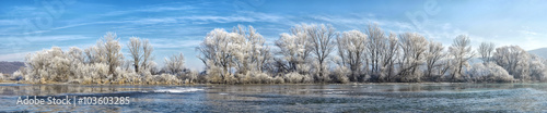Panoramic photo winter river