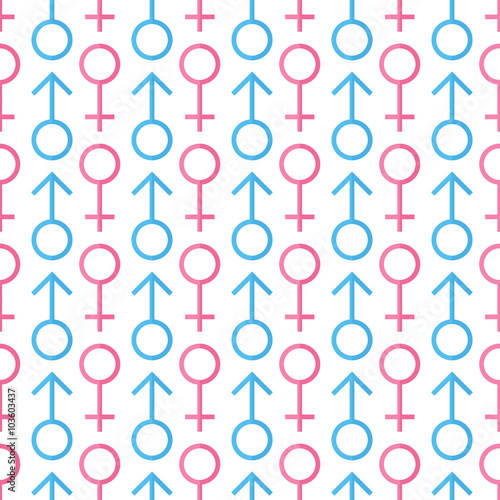 Male and female gender icons seamless pattern background.