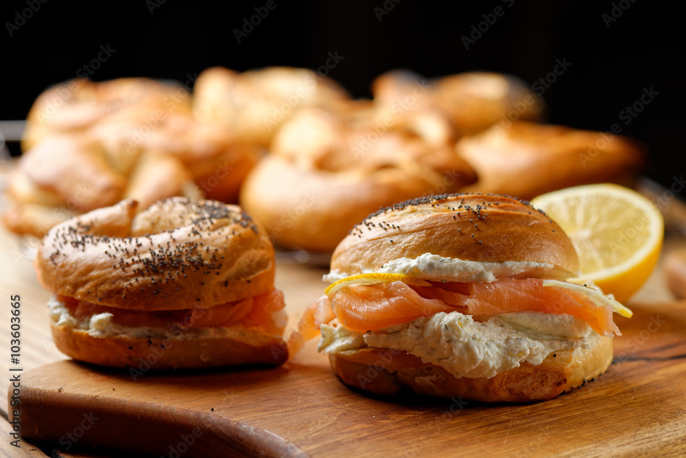 Healthy freshly baked bagel filled with smoked salmon lax and cream cheese