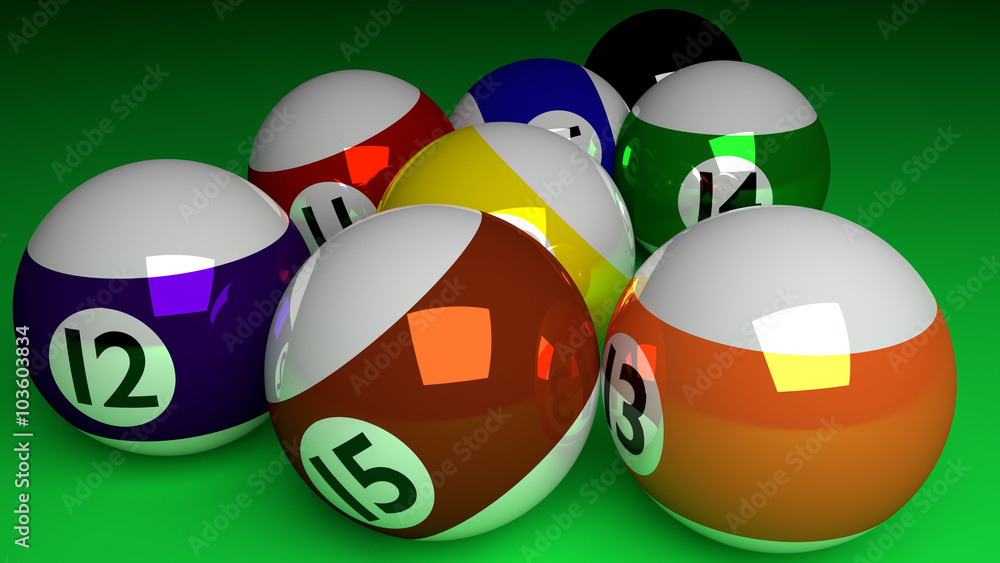 Photorealistic 3d render of all half balls and black ball isolat Photorealistic 3d render of all half balls and black ball isolat