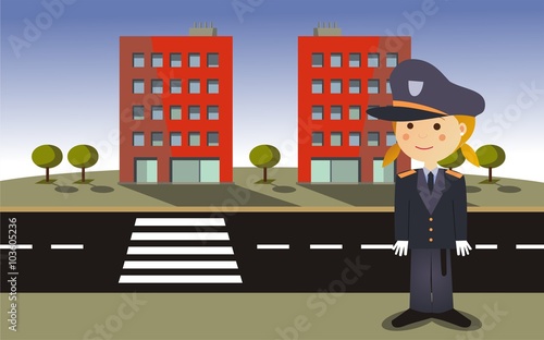 Una mujer policía en una calle con edificios al fondo