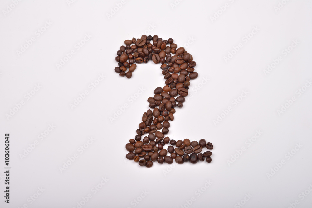 Number two from coffee beans isolated on white background. Love Number two from coffee beans isolated on white background. Love
