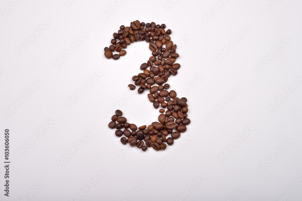 Number three from coffee beans isolated on white background. Lov Number three from coffee beans isolated on white background. Lov