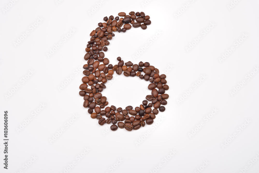 Number six from coffee beans isolated on white background. Love Number six from coffee beans isolated on white background. Love