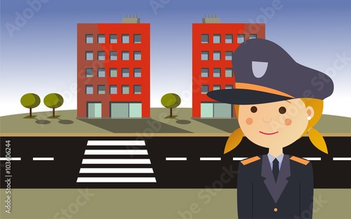 Primer plano de una mujer policía en una calle con edificios al fondo