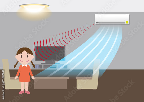 room air conditioner and motion sensing, energy saving, vector illustration