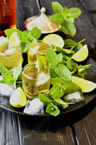 Glass of whiskey with mint and lemon
