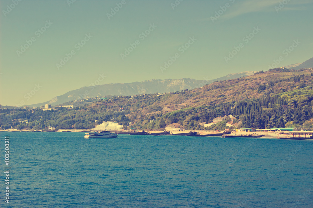 Seascape of Crimean coastline, vintage image