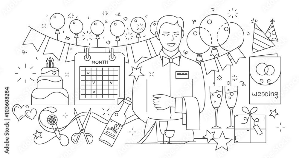 Line style design concept of special event and happy birthday party organization, catering service agency Line style design concept of special event and happy birthday party organization, catering service agency