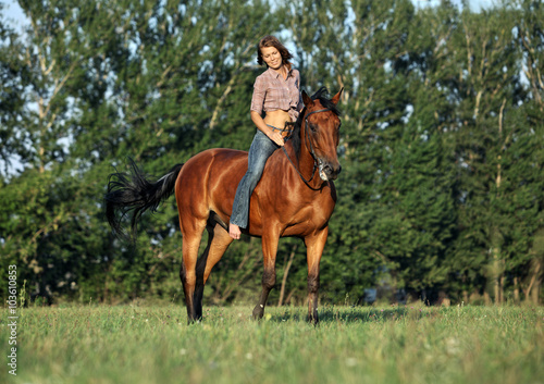 Portrait cowgirl with bay saddle horse © horsemen