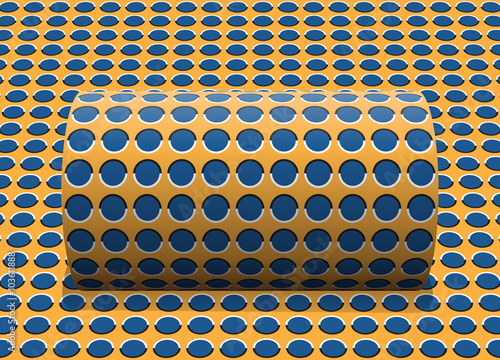 Polka dot cylinder is rolling along the inclined surface. Abstract vector optical illusion illustration.