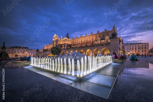 Illuminated fountain, Market Square, Krakow, Poland