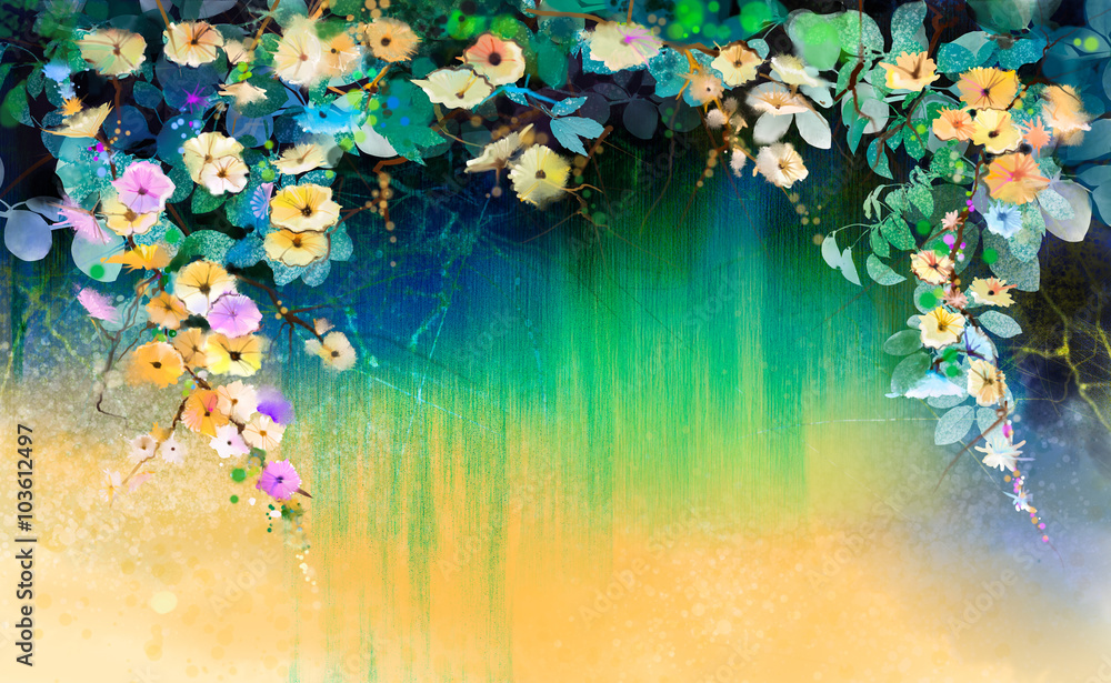 Fototapeta premium Abstract flowers watercolor painting. Hand painted White, Yellow and Red floral in soft color on blue green color background. Ivy flowers in tree park. Spring flower seasonal nature background