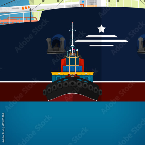 Tugboat Towing a Large Ship