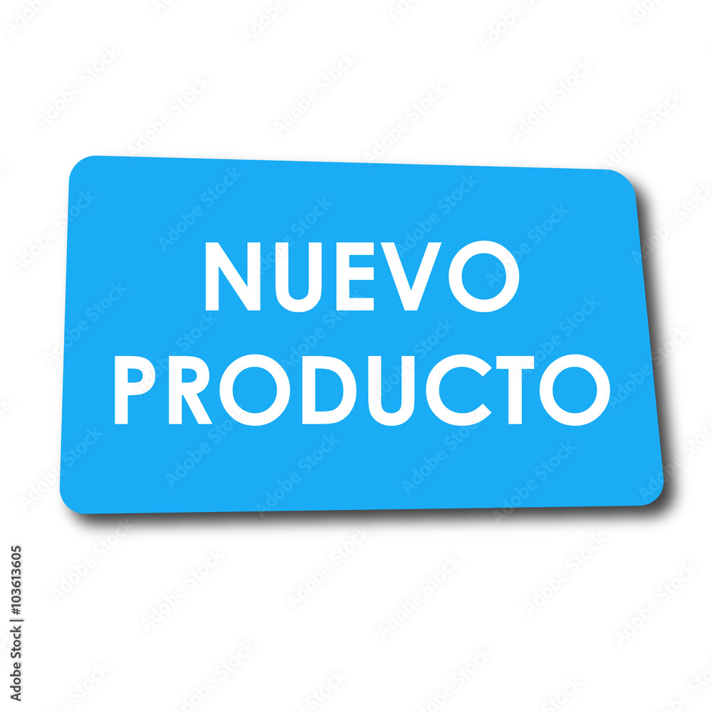 Icono plano NUEVO PRODUCTO en rectangulo azul con sombra Icono plano NUEVO PRODUCTO en rectangulo azul con sombra