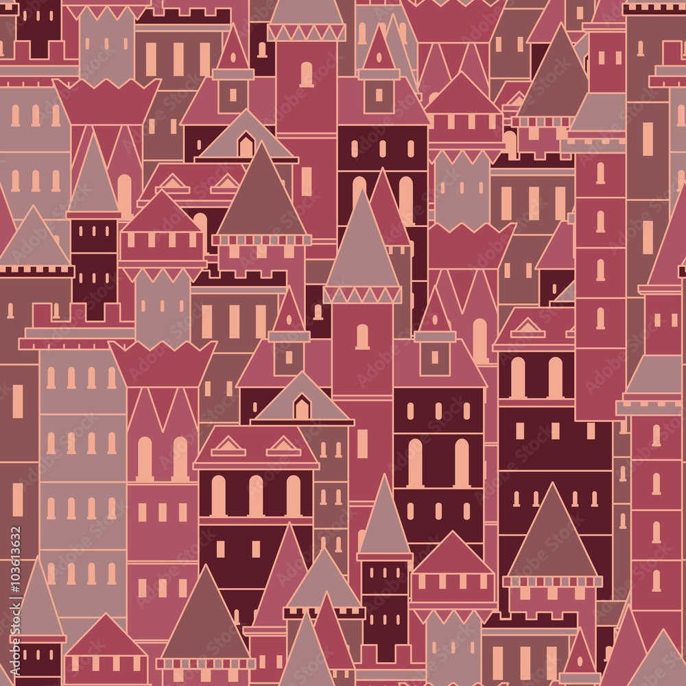 Seamless pattern with fairy medieval castles. Vintage colorful hand drawn vector illustration in line art style