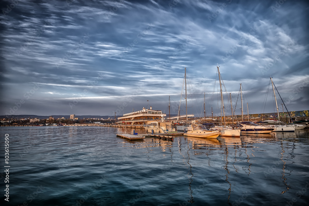 Yachts and boats in the harbor. Black sea, Bulgaria .