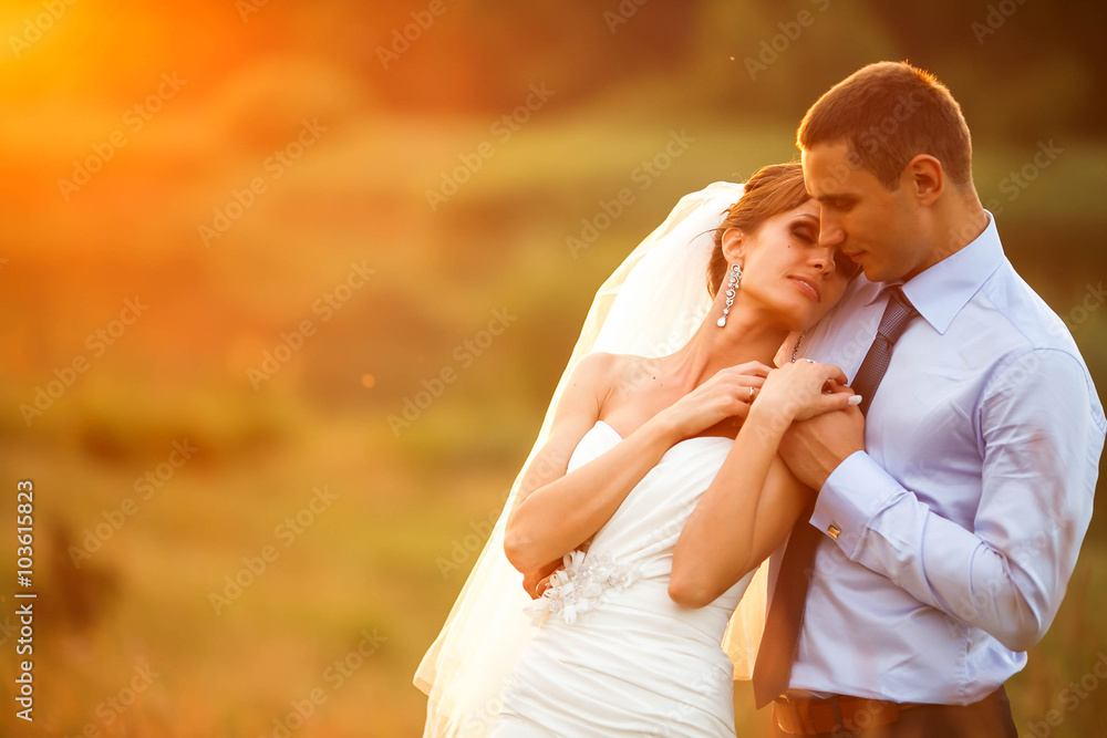 gentle couple is posing on the background beautiful sunset gentle couple is posing on the background beautiful sunset
