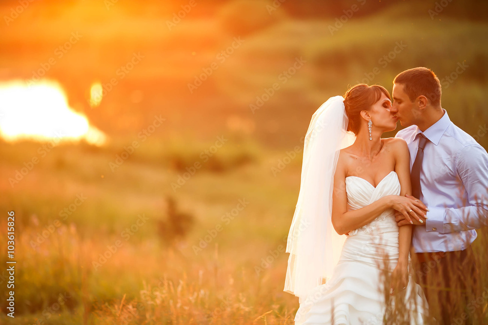 gentle couple is kissing on the background beautiful sunset gentle couple is kissing on the background beautiful sunset