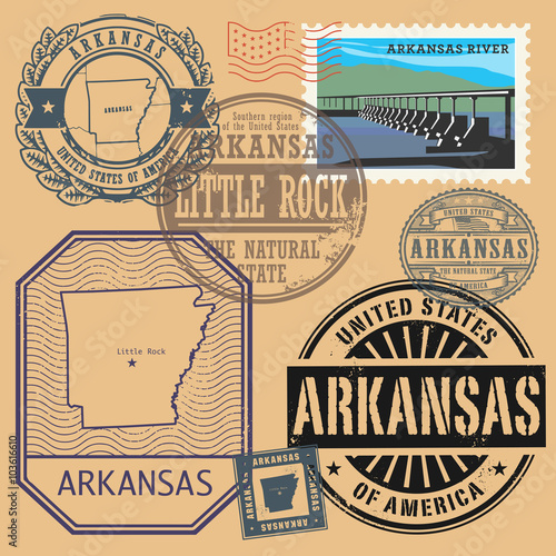 Stamp set with the name and map of Arkansas, United States