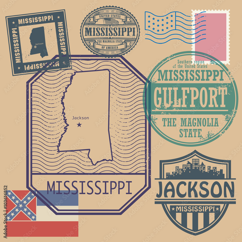 Stamp set with the name and map of Mississippi, United States