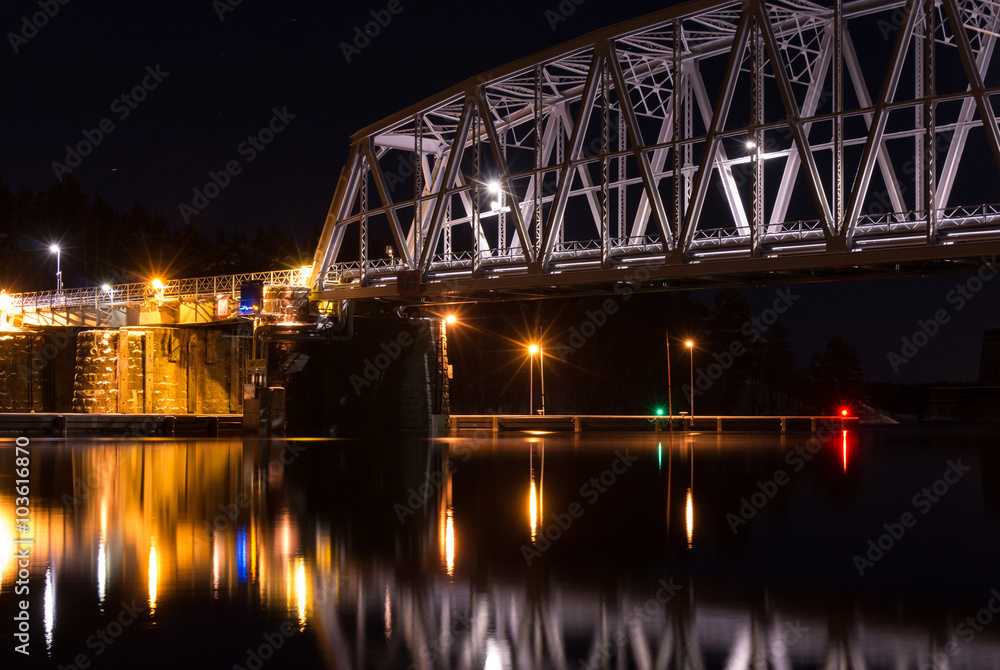 Nightly railroad bridge and calm water