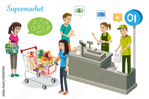 People are shopping in supermarkets.Cashiers have work in cash counter on supermarket. Isometric view in supermarket.The payment for supermarket.Vector Illustration, Graphic Design. EPS 10