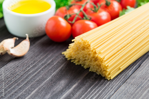 Italian spaghetti on a wooden table.