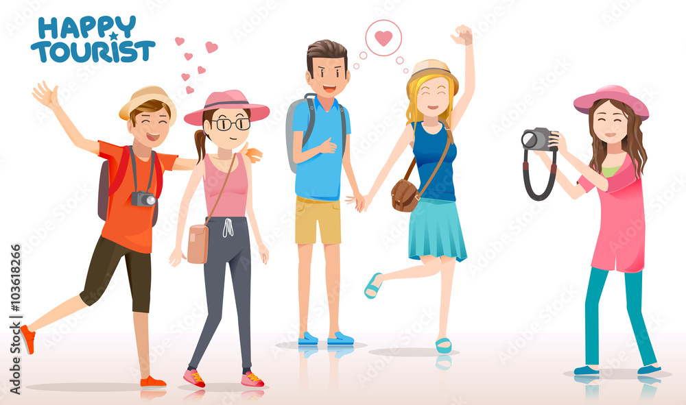 Obraz premium Tourists are swarming photography for memorabilia.Couple taking pictures with landmark. Travel to Honeymoon.A character in romantic activities.Getting around happily.Graphic design and EPS 10.