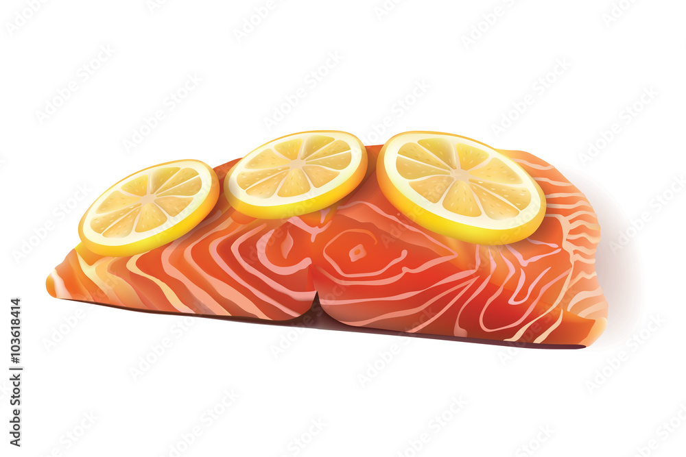Vector Fresh Salmon Fish Fillet Cooked with Lemon Slices On the Top Vector Fresh Salmon Fish Fillet Cooked with Lemon Slices On the Top