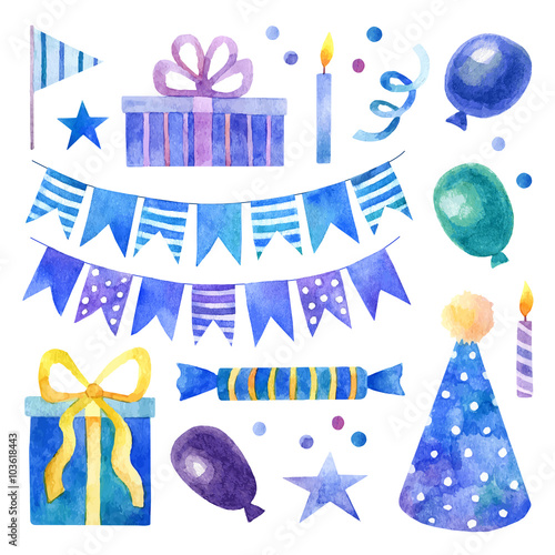 Birthday party set with blue and purple watercolor elements