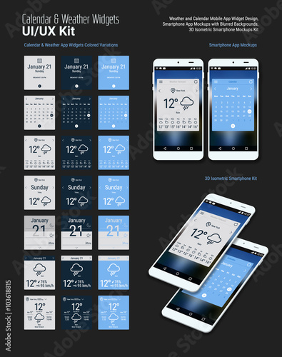 Calendar and Weather Mobile App Widgets UI Designs with Smartphone Mockups